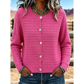 Women's Cardigan Sweater Vintage Fashion Daily Crew Neck Buttons Knitted Long Sleeve Regular Tops Knit Blue Wine Red Spring Fall