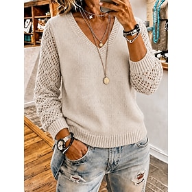Women's Pullover Sweater Jumper Vacation Fashion Streetwear V Neck Knitted Long Sleeve Regular Tops Knit Daily Home Work Black Army Green Spring Fall