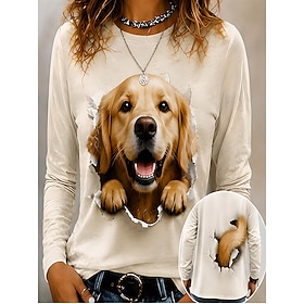 Women's T Shirt Print Animal Cat Dog Casual Long Sleeve Crew Neck Round Neck Regular Tops Casual Daily White Light Green Light Purple Summer Spring Fall Winter