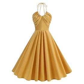 1950s Retro Vintage Rockabilly Midi Dress Flare Dress Sleeveless Fit and Flare Solid Color Fit  Flare Halter Neck Fancy Dress Women's Music Festival Revival Te