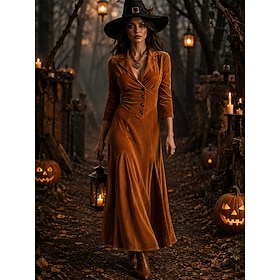Halloween Women's Maxi Dress Velvet Dress Party Dress Holiday Dress Elegant Vacation Western Outdoor Going out Weekend Regular Plain Long Sleeve Deep V Black R