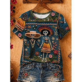 Halloween Women's 100% Cotton T Shirt Print Floral Graphic Skull Vintage Stylish Classic Short Sleeve Crew Neck Regular Tops Casual Daily Weekend Blue Summer S