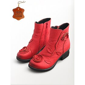 Women's Red Cowhide Leather Ankle Boots with Warm Lined, 3D Rose Floral Applique Side Zipper Booties, Ethnic Style Boots for Autumn Winter Daily Wear, Christma