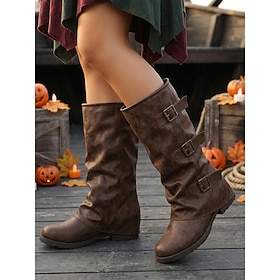 Women's Brown Halloween Pirate Slouchy Boots - Vintage Knee High Boots, Triple Buckle Low Heel Riding Boots for Witch Costume, Renaissance Faire, Cosplay, Fall