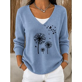 Women's Sweater Fashion Daily Casual Floral Graphic Ribbed V Neck Buttons Print Long Sleeve Regular Tops Knit Daily Outdoor Date Blue Black Fall Winter