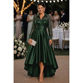 A-Line High-low Dress Asymmetrical Tea Length Mother of the Bride Dress Long Sleeve Shirt Collar Elegant Luxurious Sparkle  Shine Formal Wedding Guest Semi For