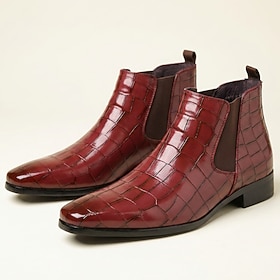 Men's Red Crocodile Embossed Chelsea Boots, Sleek Pointed-Toe Dress Boots for Fashionable Men, Parties, Weddings and Evening Events