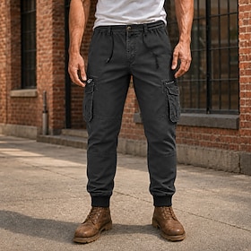 Men's Cargo Pants Cargo Trousers Work Pants Drawstring Multi Pocket Elastic Cuff Plain Wearable Full Length Casual Daily Outdoor Fashion Streetwear Khaki Black