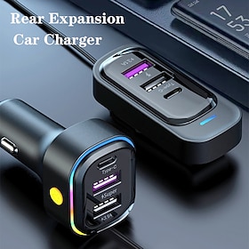 6-Port Car Charger with Rear Seat Extension Hub, Two USB-C and Four USB-A Fast Charging Ports, RGB Ambient Light and 12V-24V Compatibility for Phones, Tablets,