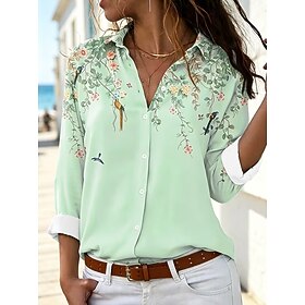 Women's Shirt Buttons Print Floral Graphic Vintage Stylish Modern Long Sleeve Shirt Collar Regular Tops Casual Daily Green Spring Fall