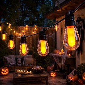 S14 Solar String Lights, 16.4FT 10 LED Flickering Flame Lights, Solar USB Rechargeable, Waterproof Outdoor Hanging Patio Lights for Halloween, Christmas, Wedd