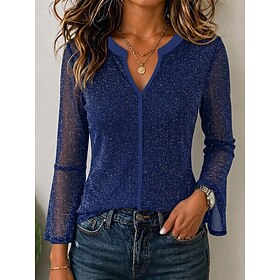 Halloween Women's Sequin Tops Ruffle Patchwork Glitter Elegant 3/4 Sleeve V Neck Regular Tops Casual Party Blue Black Green Spring Fall