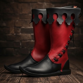 Men's Two-Tone Lace-Up Riding Boots, Gothic Red and Black Knee-High Boots for Costume Parties, Cosplay and Stage Performances