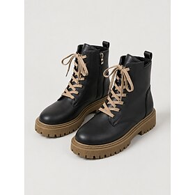 Women's Faux Leather Combat Boots, Side Zipper Round Toe Thick Lug Sole Booties, Street‑Style Boots for Casual Commuting, City Strolls and Country Town Strolls