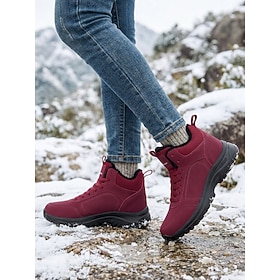 Women's Burgundy Lace-Up Hiking Boots with Warm Lining  Anti-Slip Rugged Sole, Winter Trekking Shoes for Snow Hiking, Camping, Travel, Walking, Climbing and Ou