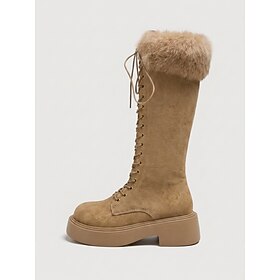 Women's Khaki Knee-High Lace-Up Winter Boots, Faux-Fur Cuff Tall Boots with Side Zip, Chunky Platform and Block Heel, Casual Cold-Weather Style for Daily Stree