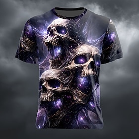 Halloween Men's Skull Optical Illusion Skulls T Shirt Short Sleeve T shirt 3D Print Crew Neck Shirt Exaggerated Designer Horror Club Party Street Blue Purple G