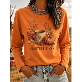 Halloween Thanksgiving Day Women's T Shirt Print Graphic Plants Vintage Fashion Stylish Long Sleeve Crew Neck Regular Tops Casual Daily Weekend Black Orange Sp