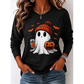 Halloween Mardi Gras Women's T Shirt Print Graphic Ghost Vintage Fashion Stylish Long Sleeve Crew Neck Long Tops Casual Daily Black Red Orange Green Gray Sprin