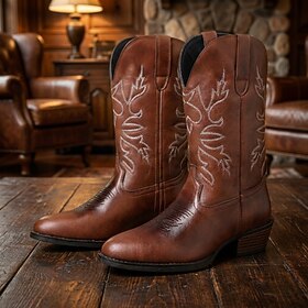 Men's Brown Western Cowboy Boots, Pointed-Toe Pull-On Mid-Calf Boots with Flame Embroidery and Block Heel for Stylish Men, Rodeos, Riding, Concerts and Festiva