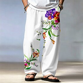 Men's Floral Bohemian Trousers Casual Pants Pants Trousers Mid Waist Ethnic Casual Vintage Retro Casual Home Outdoor Drawstring Elastic Waist Wide Leg Summer S