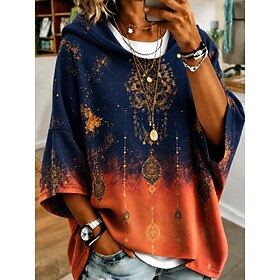 Women's Pullover Hoodie Sweatshirt Patchwork Print Graphic Geometric Striped Casual 3/4 Length Sleeve Hooded Regular Tops Casual Street Dailywear Blue Yellow G