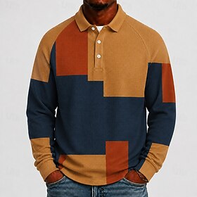 Men's Color Block Geometic Waffle Polo Shirts Textured Long Sleeve Polo Shirts Lapel Casual Outdoor Sports Holiday Daily Wear 3D Print Buttons Fall  Winter Blu