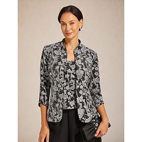 Women's Dressy Tops Sequins Elegant 3/4 Length Sleeve Stand Collar Regular Tops Evening Party Wedding Guest Cocktail Attire Black Spring Fall Winter