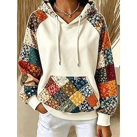 Women's Pullover Hoodie Sweatshirt Patchwork Floral Graphic Geometric Casual Long Sleeve Hooded Regular Tops Casual Dailywear Sports Blue Orange Apricot Spring