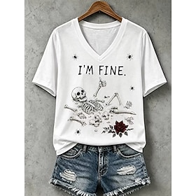Halloween Women's T Shirt Print Graphic Skull Letter Vintage Stylish Classic Short Sleeve V Neck Regular Tops Casual Daily Going out White Black Orange Summer