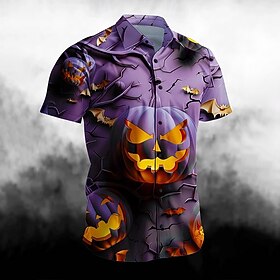 Halloween Men's Halloween Lantern Face Jack-o'-lantern Button Down Shirt Casual Shirt Button Up Shirt Short Sleeve Casual Streetwear Vacation Carnival Summer C
