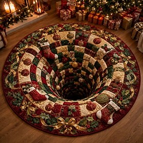 Christmas 3D Vortex Optical Illusion Round Rug, Non Slip Decorative Floor Mat, Festive Visual Trap Design, Xmas Home Decoration Gift for Family and Holiday Par