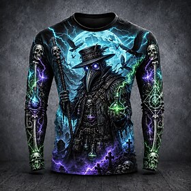 Halloween Men's Pumpkin Skeleton Crow T Shirt Long Sleeve T shirt 3D Print Crew Neck Shirt Fashion Exaggerated Casual Daily Street Black 1 Black Black 2 Summer