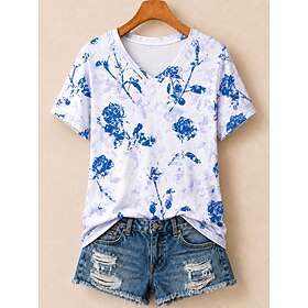Women's 100% Cotton Summer Tops Color Block Floral Graphic Plants Elegant Vintage Stylish Short Sleeve V Neck Regular Tops Casual Blue White Pink Orange Summer