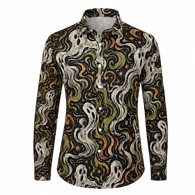 Retro Vintage Hippie 1970s Shirt Plus Size Long Sleeves Hippie Button Down Ghost Point Fancy Dress Men's Halloween Masquerade Party Performance Adults' Shirt