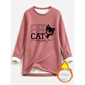 Women's Pullover Fleece Lined Sweatshirt Print Graphic Cat Warm Streetwear Casual Long Sleeve Crew Neck Regular Tops Casual Blue Light Pink Black Dark Pink Red
