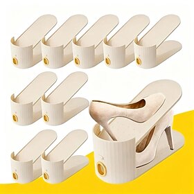 10 PCS Foldable Stackable Shoe Rack Organizer, Freely Combinable Space-Saving Shoe Storage Shelf with Vertical Stripes and Gold Rings for Sneakers, Heels, Slip