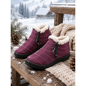 Women's Burgundy Side Zipper Waterproof Cloth Ankle Snow Boots, Thick Fleece Lined Non-Slip Warm Winter Walking Booties for Seniors, Farm Wear, Cold Snowy Stro