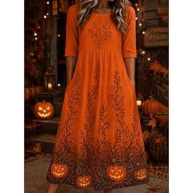 Halloween Women's Midi Dress A Line Dress Vacation Vintage Casual Graphic Half Sleeve Crew Neck Blue Purple Orange Green Spring Fall