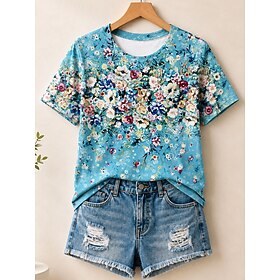 Women's 100% Cotton  Summer Tops Floral Graphic Plants Elegant Vintage Stylish Short Sleeve Crew Neck Round Neck Long Tops Casual Blue Red Purple Orange Summer