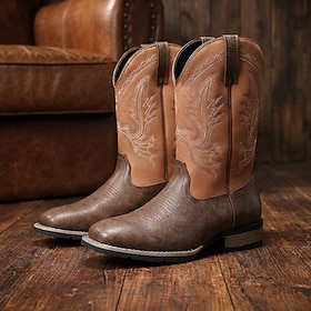 Men's Brown Western Cowboy Boots, Square-Toe Pull-On Mid-Calf Boots with Embroidered Shaft for Country Men, Ranch Work, Riding, Rodeos and Festivals
