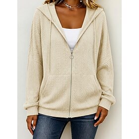 Women's Hoodie Jacket Warm Zipper Daily Casual Regular Hooded Regular Long Sleeve Outerwear Light Gray Black Light Green Fall Winter