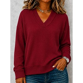 Women's Waffle Shirt Knit Shirts Plain Fashion Stylish Classic Long Sleeve V Neck Regular Tops Casual Daily Going out Blue Pink Wine Brown Green Fall Winter