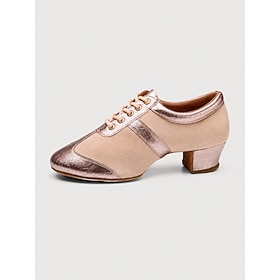 Women's Rose Gold Spliced Lace-Up Jazz Character Dance Shoes, Microbial Leather Soft Practice Dance Shoes,Low Heel Suede Leather Sole Footwear for Modern Dance