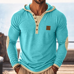 Men's T Shirt Tee Top Long Sleeve Shirt Long Sleeve Hooded Button Down Collar Henley Hooded Raglan Sleeves Spring Fall Spring   Fall Color Block Slim Pleated F