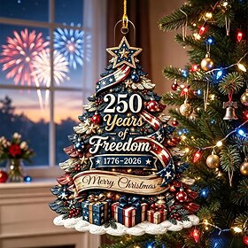 1/2PCS USA 250th Anniversary Christmas Ornament, 2D Acrylic Patriotic Christmas Tree Hanging Decor, America 1776-2026 Commemorative Ornament Gift for Holiday H