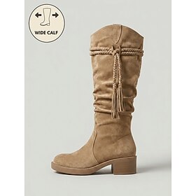 Women's Khaki Wide Calf Western Knee-High Boots, Slouchy Tall Boots with Braided Wraparound Tassel Detail and Block Heel, Boho Country Style for Fall, Travel,