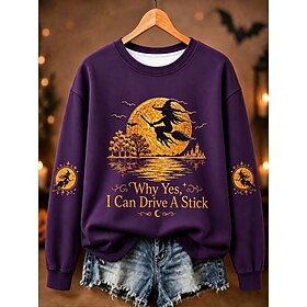 Halloween Women's Pullover Sweatshirt Print Graphic Letter Halloween Fashion Casual Long Sleeve Crew Neck Regular Tops Casual Street Dailywear Black Purple Ora