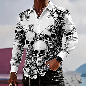 Halloween Men's Skulls Shirt Button Up Shirt Long Sleeve Dark Gothic Style Streetwear Holiday Spring Fall Turndown 3D Print Collared Shirts WhiteBlack