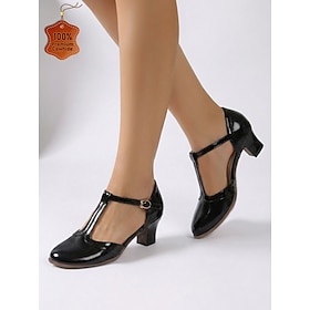 Women's Black Genuine Leather T-Strap Closed Toe Standard Ballroom Dance Shoes, Non-Slip Rubber Outsole Low Heel Footwear for Party, Waltz Foxtrot Indoor Outdo